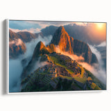 Vintage poster art of Machu Picchu with vibrant colors on a framed canvas, suitable for large living room walls.