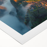 Art deco poster of Machu Picchu in muted earth tones on rolled canvas, suitable for dining room decor.