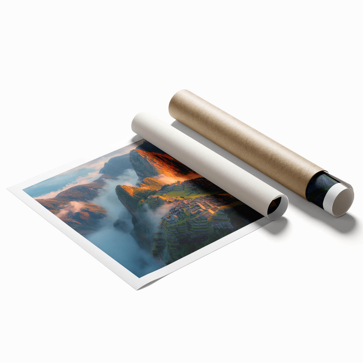 Rolled print of Machu Picchu in muted earth tones, ideal for large living room wall art.