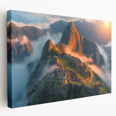 Machu Picchu landscape on large stretched canvas with vibrant green and earth tones, suitable for kitchen wall art.