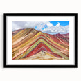 Extra large abstract art print of a colorful, textured South American scenery on a black framed canvas.