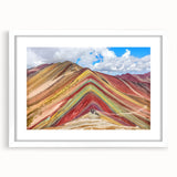 Abstract art print of a Peruvian landscape in muted earth tones on a framed white mat, ideal for dining room decor.