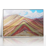 Acrylic print of a Peruvian landscape in soft earth tones, framed in white, suitable for modern art wall decor or a nursery.