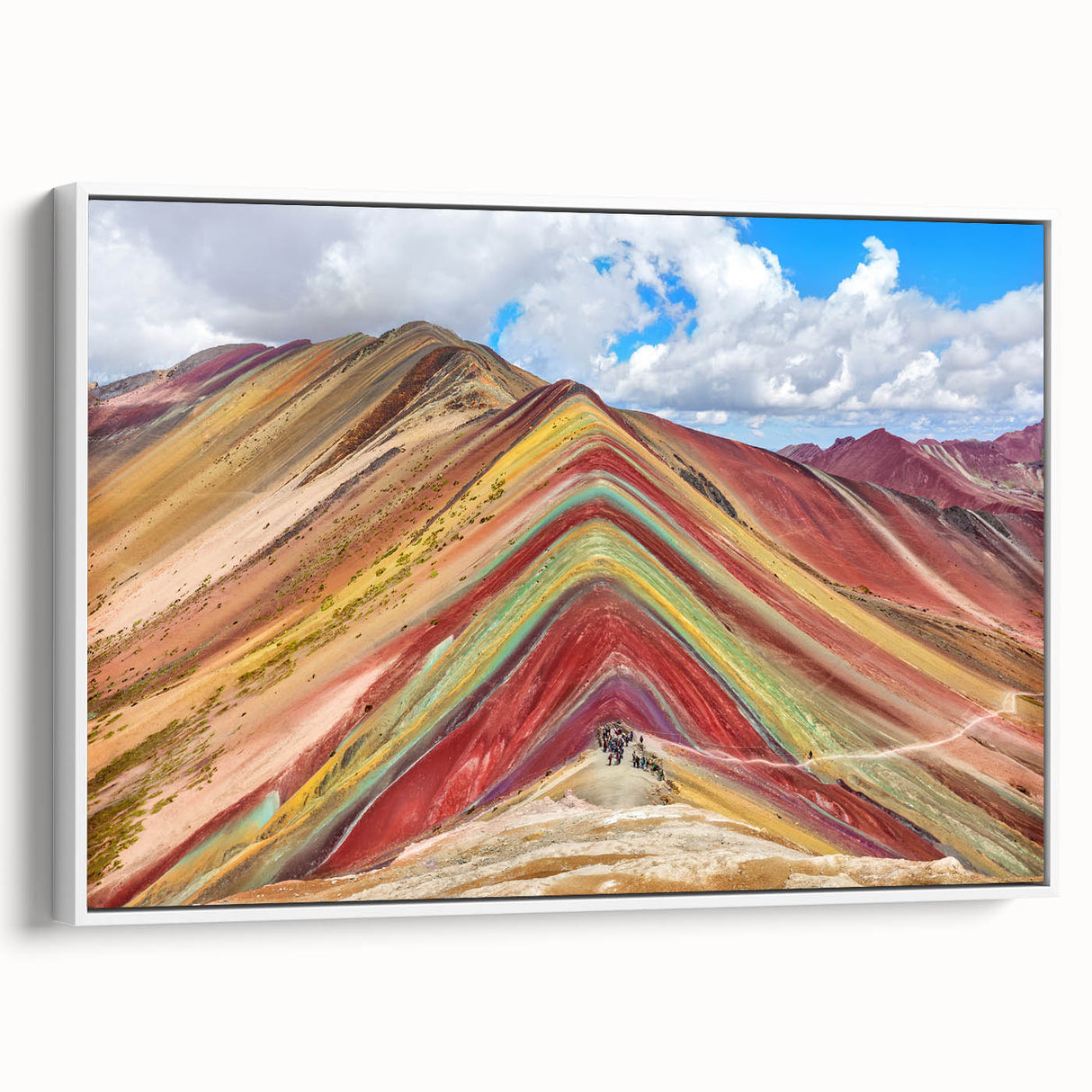 Extra large framed canvas featuring vintage poster art of a colorful Peruvian landscape, ideal for living room decor.