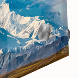 Large abstract depiction of Denali, Alaska in muted earth tones on acrylic glass, suitable for dining room art.