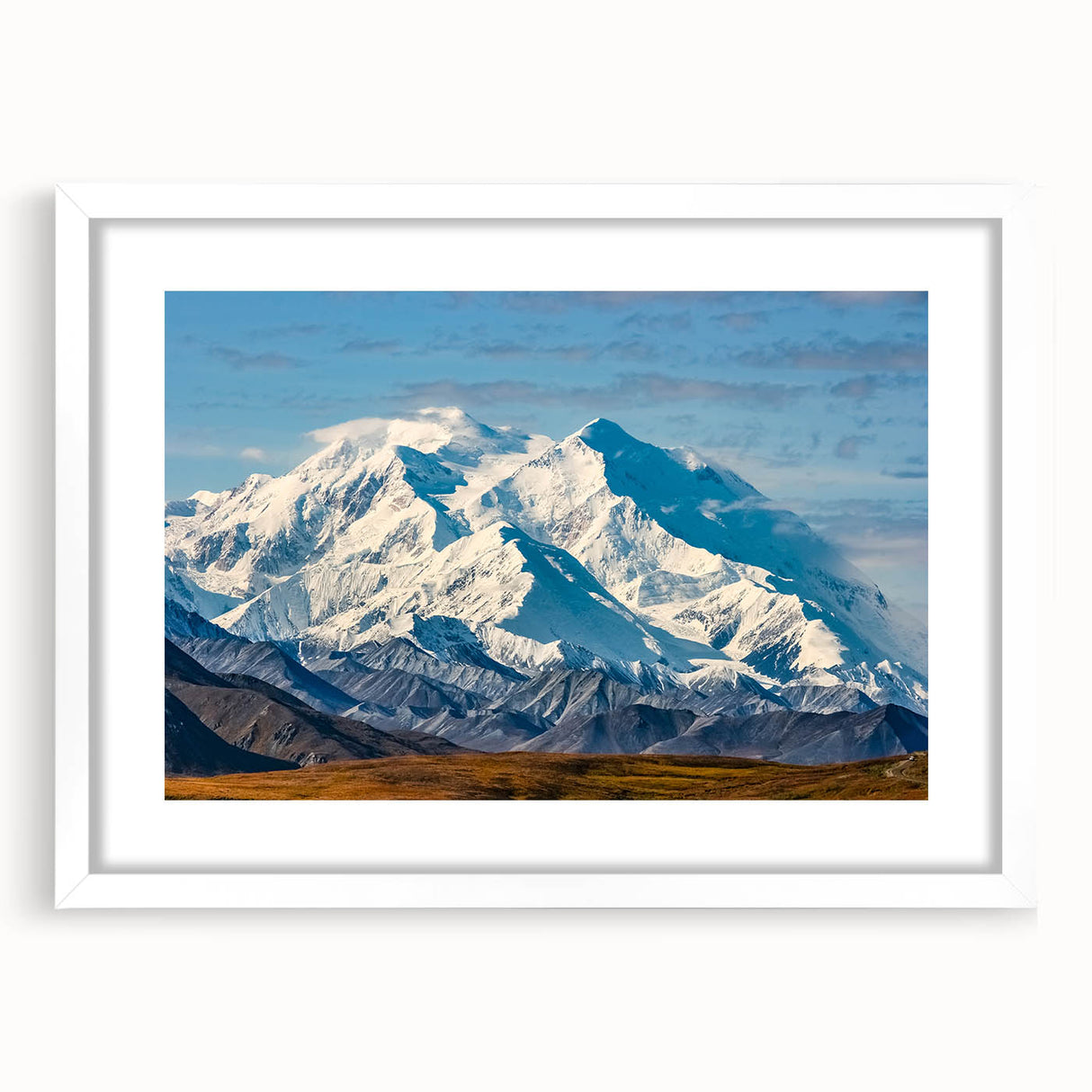Abstract art print depicting Denali National Park in muted earth tones on a framed white canvas.
