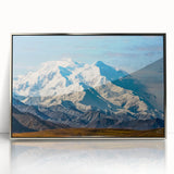 Mid-century modernist art of Denali in Alaska, featuring cool blue and gray tones on a framed acrylic print.