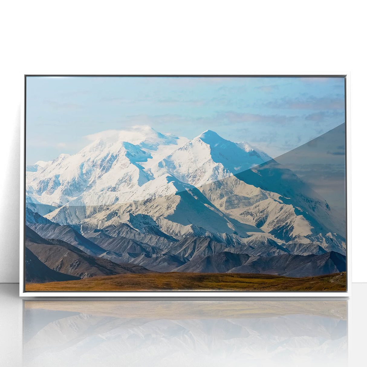 Modern art depiction of Denali, Alaska in muted gray and blue tones on a white framed acrylic.