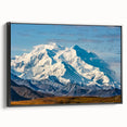 Black and white framed canvas of Denali, Alaska landscape, ideal for bedroom wall decor.