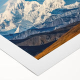 Art deco poster of Denali, Alaska, featuring muted earth tones on rolled canvas, suitable for dining room wall art.