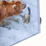 Large abstract depiction of Alaskan scenery in muted earth tones on acrylic glass.