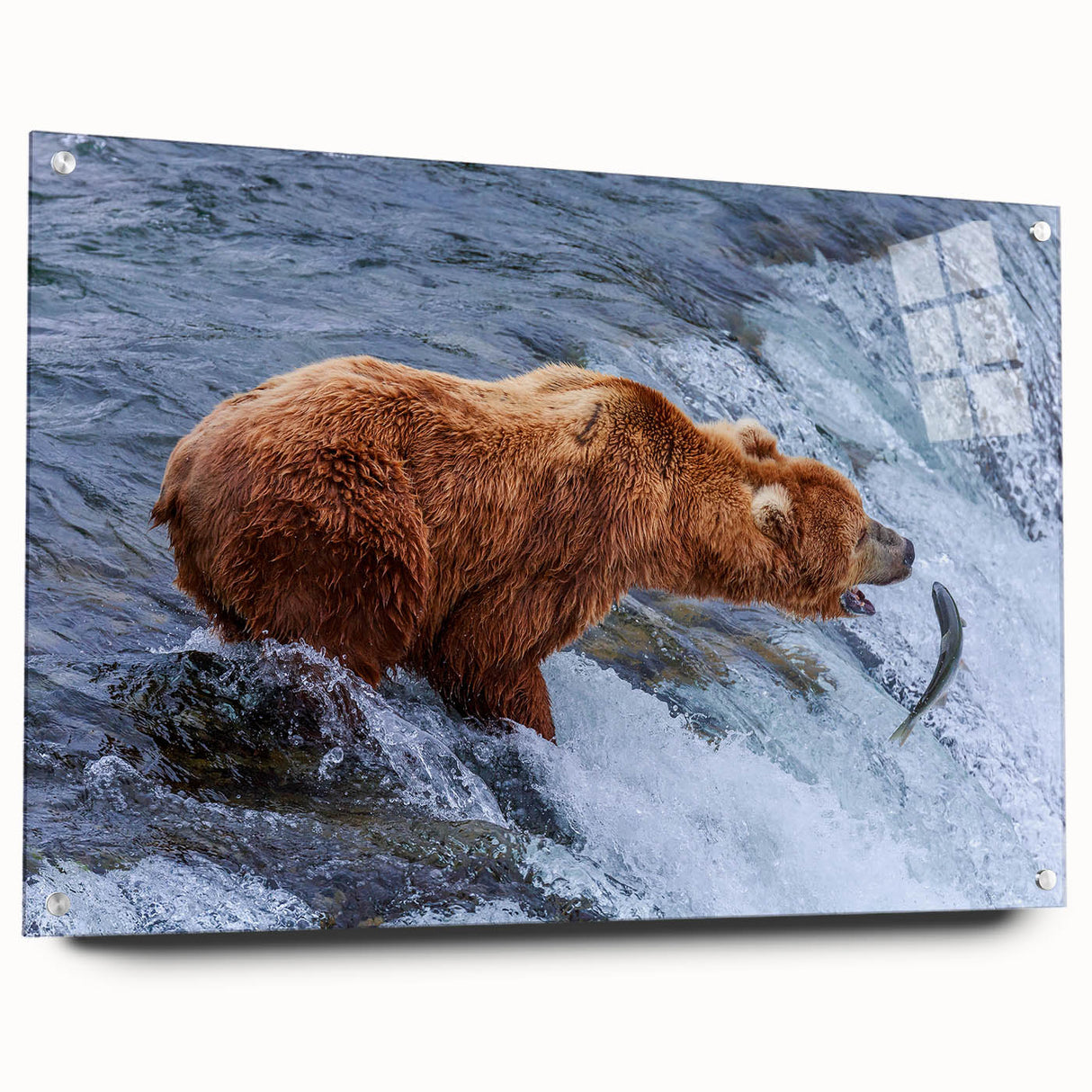 Acrylic print of a serene Alaskan landscape in muted blue and white tones, suitable for bedroom or dining room decor.
