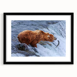 Abstract art print of Alaskan scenery in vibrant colors on a textured, extra-large canvas, framed in black.