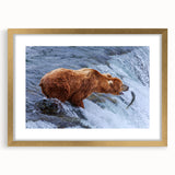 Extra large abstract art print of Alaskan scenery in textured style, using muted earth tones, framed in gold.