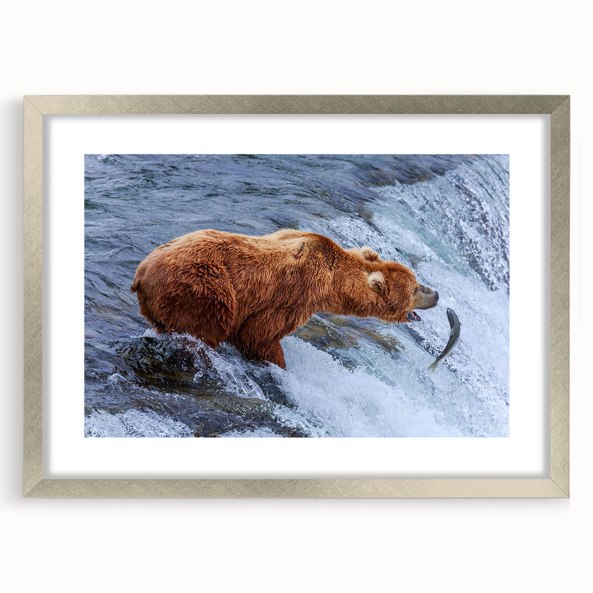 Textured abstract art print of Alaska scenery in muted earth tones, framed in silver, suitable for bedroom decor.