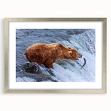 Textured abstract art print of Alaska scenery in muted earth tones, framed in silver, suitable for bedroom decor.