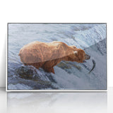 Acrylic framed poster depicting serene Alaska scenery in muted white and blue tones.