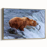 Framed canvas depicting a vintage-style Alaskan landscape in black and gold tones, suitable for bedroom decor.
