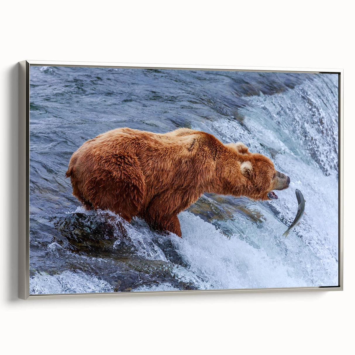 Framed canvas depicting a vintage-style Alaskan landscape with muted gray and silver tones.