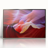 Mid-century modernist art depicting Antelope Canyon with rich orange and brown tones on a framed acrylic.