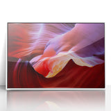 Art deco poster of Antelope Canyon in Arizona, with warm earth tones on white framed acrylic.