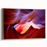 Framed canvas featuring a landscape painting of Antelope Canyon in Arizona, with rich gold and black tones.