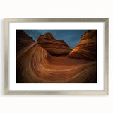 Textured art print of Arizona's Coyote Buttes in muted earth tones on a silver-framed mat, ideal for bedroom art.