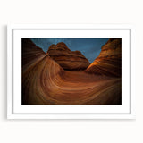 Abstract art print of Arizona's Coyote Buttes in earth tones on a white-framed mat, suitable for bedroom or dining room.