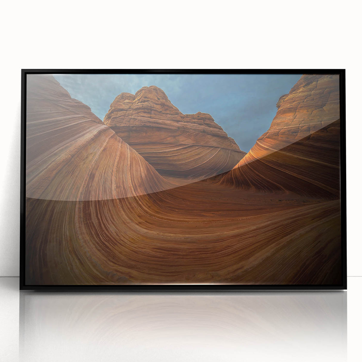Large abstract wall art of Arizona's Coyote Buttes in muted earth tones on a black framed acrylic, suitable for modern decor.