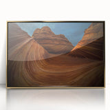 Mid-century modernist style depiction of Arizona's Coyote Buttes in muted earth tones on a framed acrylic print.