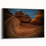 Black and white landscape art of Coyote Buttes, Arizona on a framed canvas, ideal for bedroom decor.