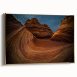Framed canvas wall art depicting the Coyote Buttes in Arizona, featuring earth-tone colors, ideal for bedroom ambiance.