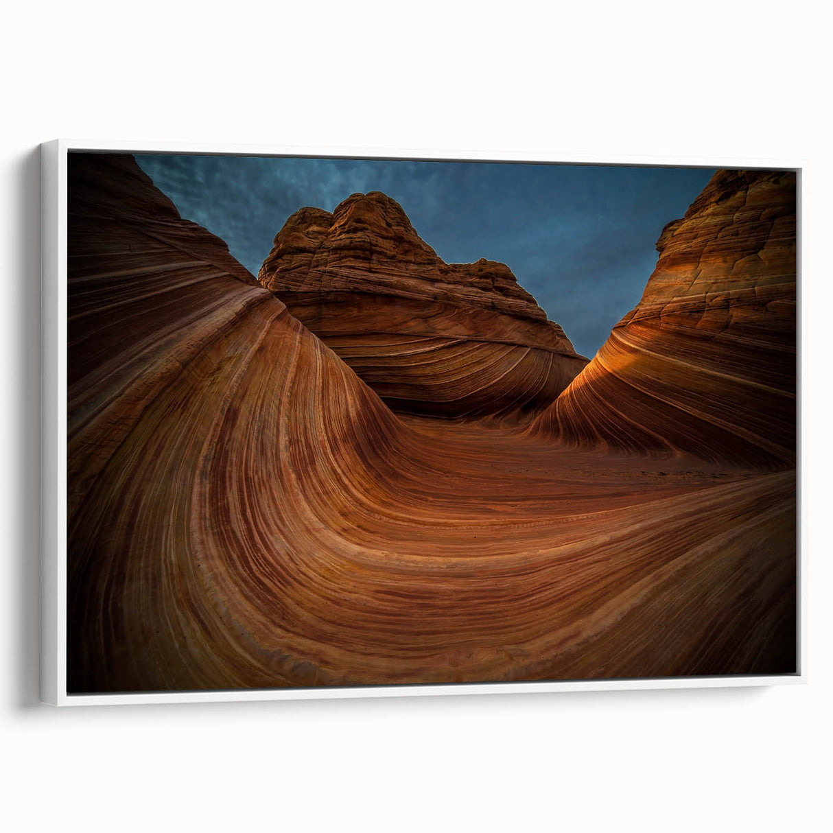 Vintage poster art depicting Arizona's Coyote Buttes in vibrant colors on a large framed canvas, ideal for living room decor.