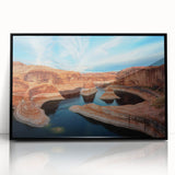 Large abstract wall art depicting Glen Canyon in Arizona, featuring muted earth tones on a black framed acrylic.