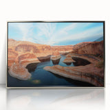 Mid-century modernist art of Glen Canyon in Arizona on a silver-framed acrylic, featuring earth tones.