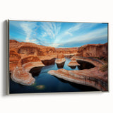 Framed canvas landscape art painting of Glen Canyon, Arizona, with vibrant blue and orange hues, ideal for living room décor.