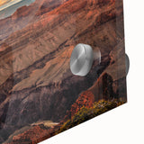Large abstract depiction of the Grand Canyon in muted earth tones on acrylic glass, suitable for dining room art.