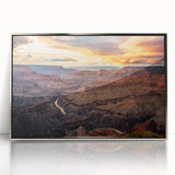 Mid-century modernist art depicting the Grand Canyon in earth tones on a framed acrylic print.