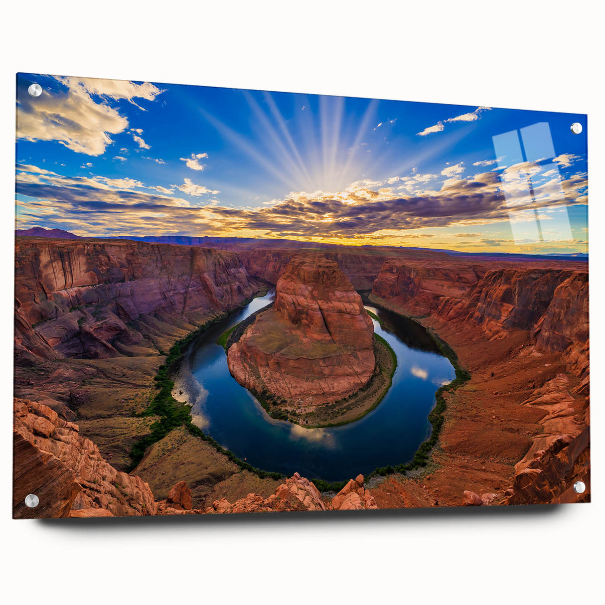 Acrylic print of Horseshoe Bend in Arizona, showing vivid sunset colors, ideal for dining room decor.