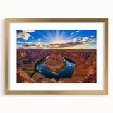 Extra large wall art of Arizona's Horseshoe Bend in gold frame, featuring textured abstract prints in earth tones.