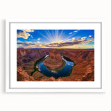 Abstract art print of Horseshoe Bend in Arizona, featuring earthy tones on a framed white mat, ideal for dining room decor.