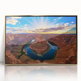 Framed acrylic print of Horseshoe Bend, Arizona, in gold tones, ideal for modern art wall decor.