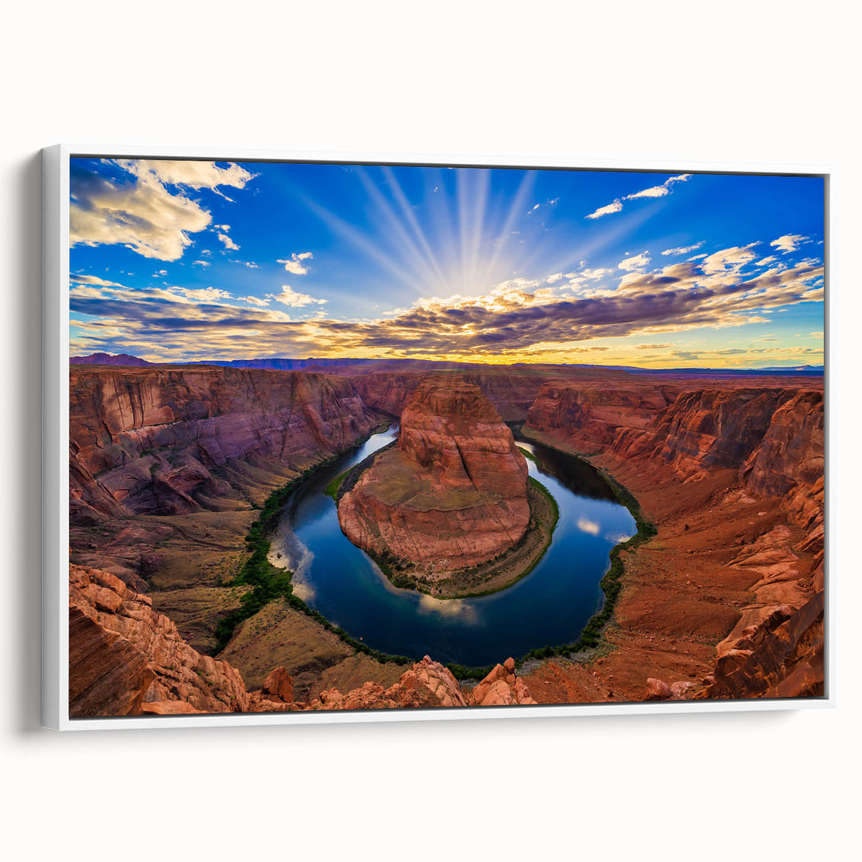 Vintage poster art of Horseshoe Bend, Arizona, featuring colorful landscape on a large framed canvas.