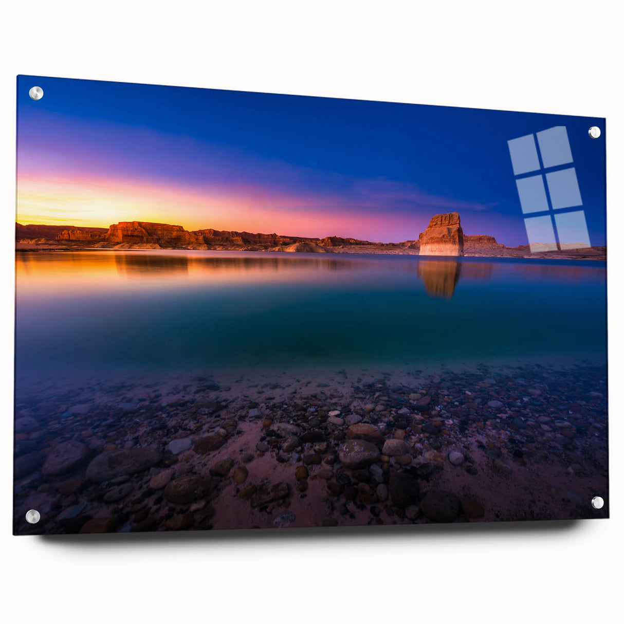 Acrylic print of Lake Powell with vivid blue and earth tones, suitable for bedroom or dining room wall art.