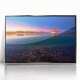 Mid-century modernist art depicting Arizona's Lake Powell in muted earth tones on a framed acrylic panel.