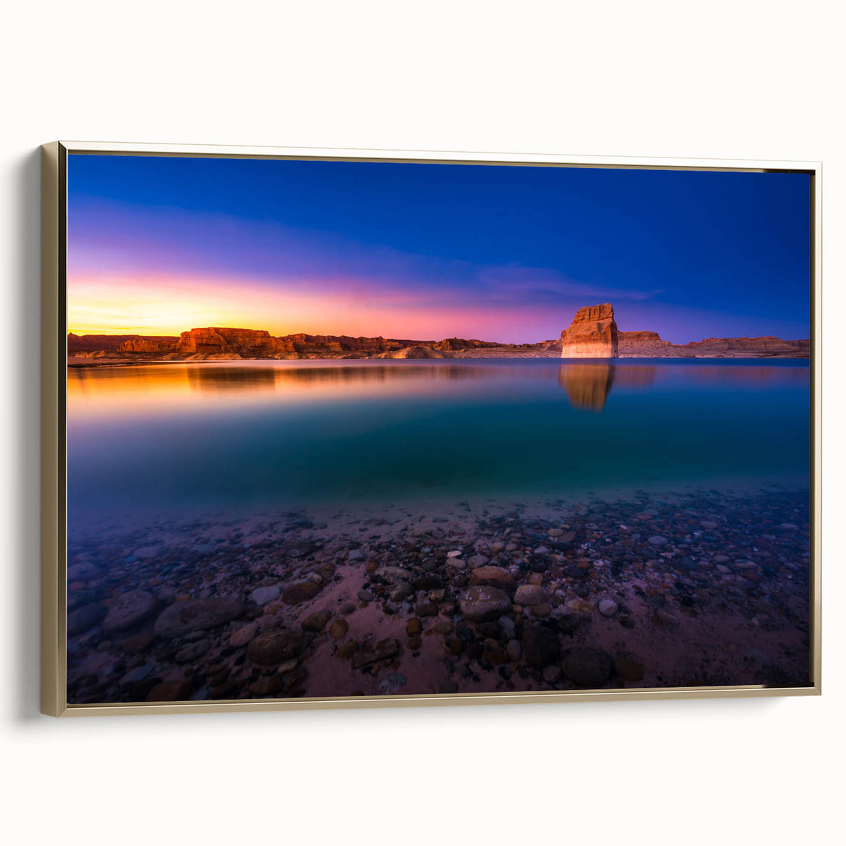 Framed canvas wall art featuring a serene Lake Powell landscape in muted earth tones, suitable for bedroom decor.