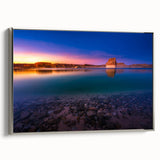 Landscape art painting of Lake Powell on a framed canvas, featuring a palette of blue and silver tones.