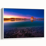 Framed canvas of vintage poster art featuring Lake Powell, Arizona, with colorful landscape, ideal for living room decor.