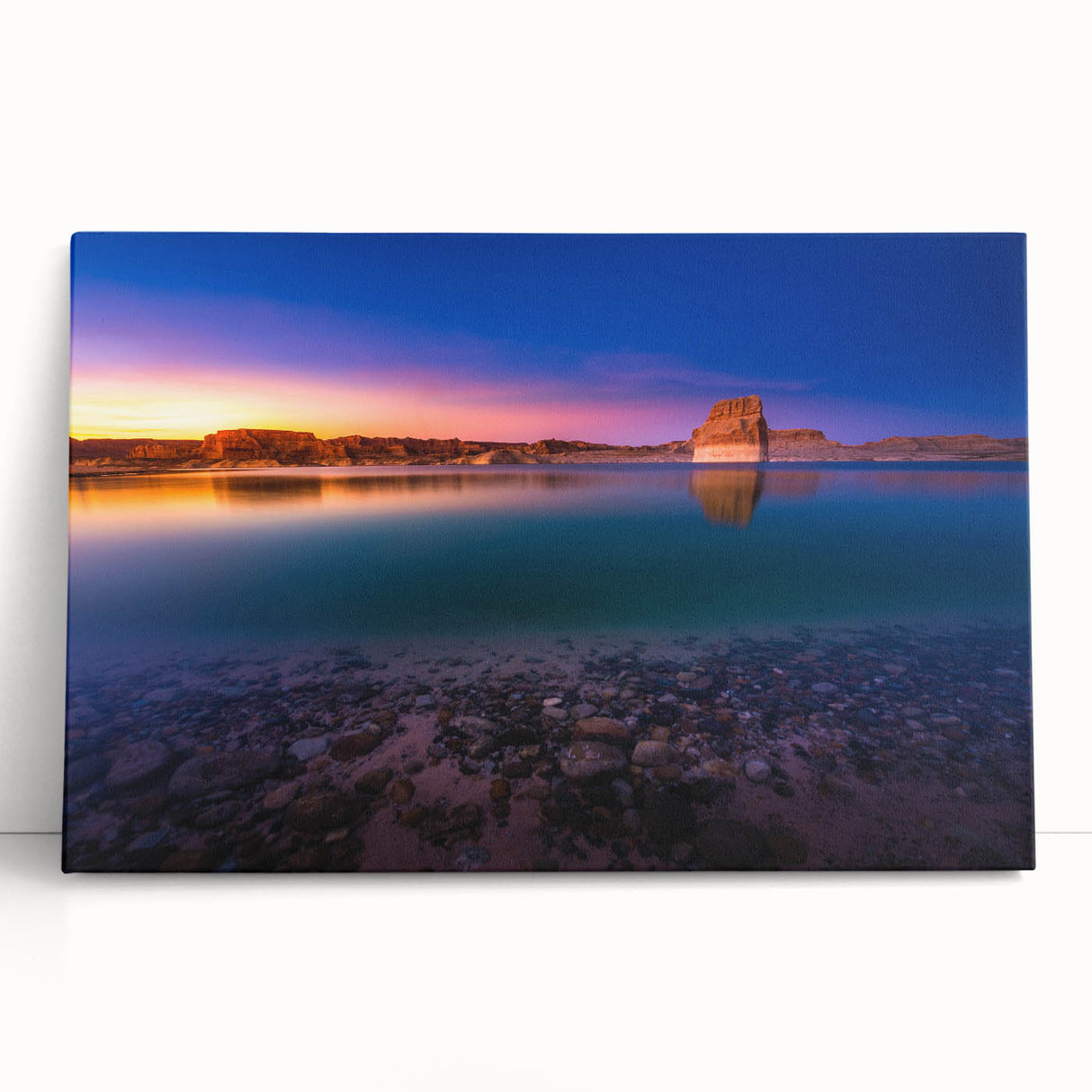 Black and white photograph of Lake Powell on stretched canvas, ideal for kitchen wall art or bedroom decor.