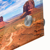 Acrylic print of Monument Valley with warm earth tones in a mid-century modernist style, ideal for dining room art.